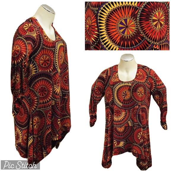 Premise Tunic Top Womens 1X Shark Bite Colorful Orange 3/4 Ruched Sleeve Boho - Picture 5 of 11